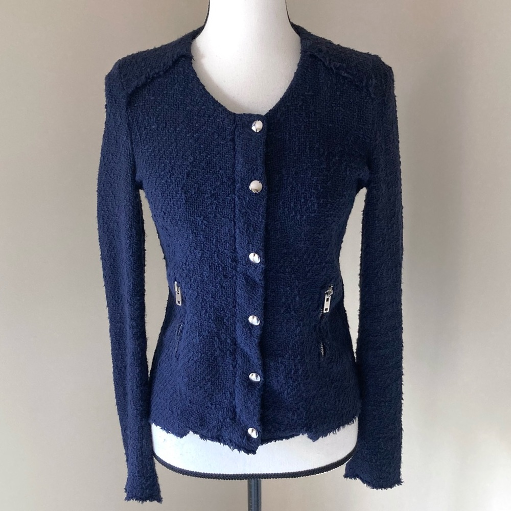 IRO Navy Blue Distressed Tweed Boucle Aggy Button Snap Zipper Jacket Size 8 - Picture 4 of 12